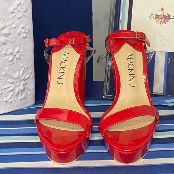 Red patent chunky platform ankle strap high heel sandals Mackin J sz 10 - Picture 11 of 11